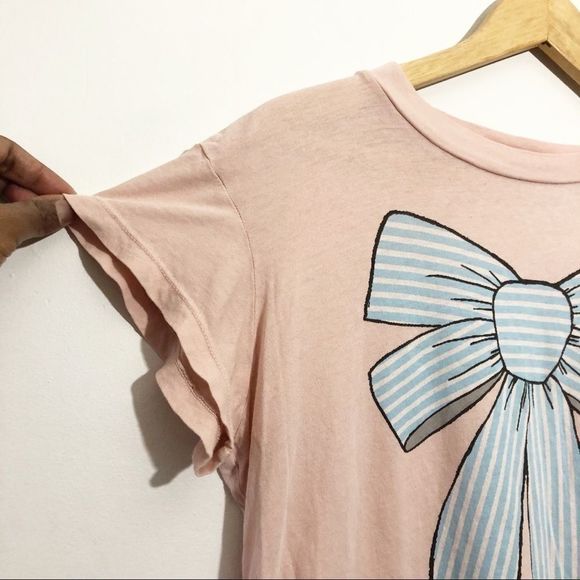 WILDFOX Blush Pink Tee with Stripe Bow Graphic on Front Tie Size S - Picture 3 of 9